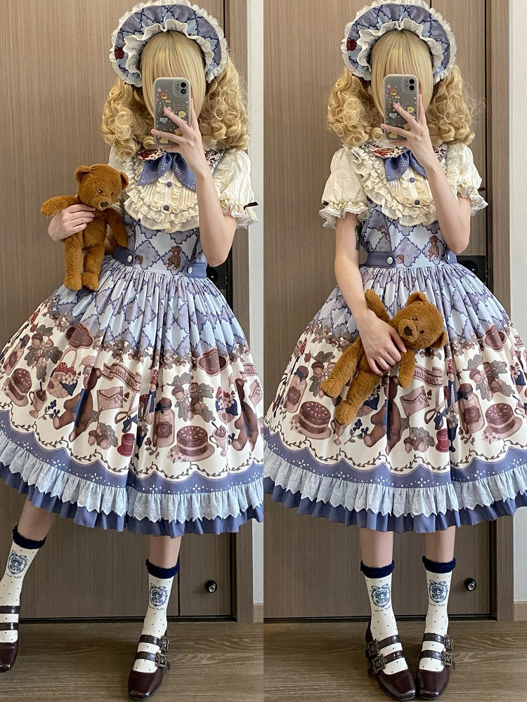Einteiliges Lolita-Kleid mit Eichel-Print und kurzen Ärmeln, Teddy Sweet
