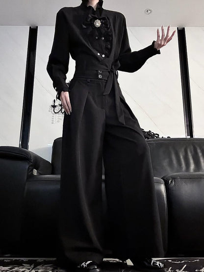 Black Corset Elegant Wide-leg Pants with Detachable
