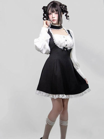 One-Piece Long with Jirai Choker Lace Sleeve White Kei Details Dress Black Design