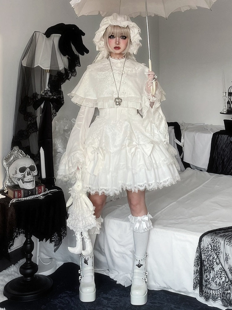 White Double-Layered Hem Jumper Skirt with Bow Decor