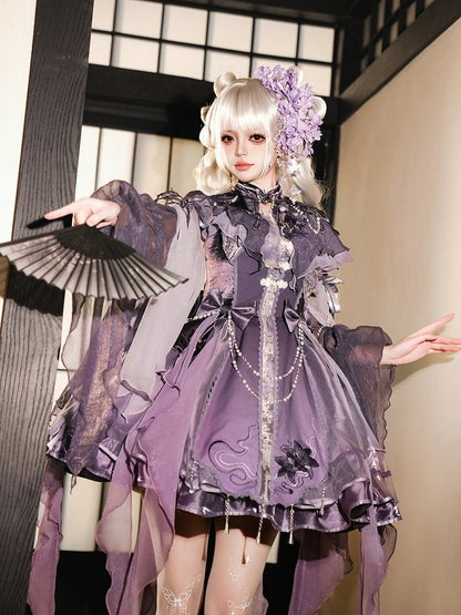 Asymmetrical Purple Lolita JSK with Floral Embroidered Capelet and Removable Sleeves Set - Xiong Dou Jiang