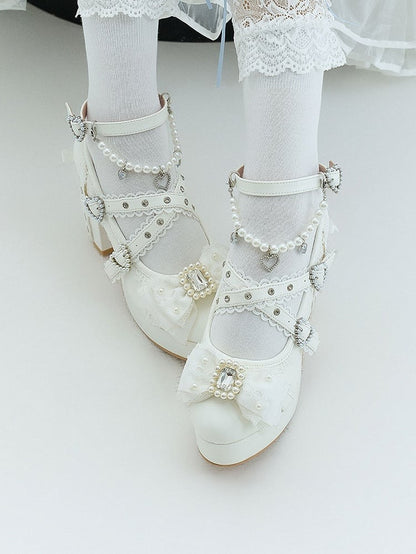 White Platform Mary Jane Shoes with Bow & Rhinestone - Sheep Puff