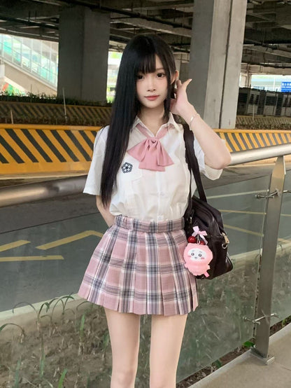 White Style Floral Uniform Shirt Short JK Pleating Details Embroidery Sleeves Preppy