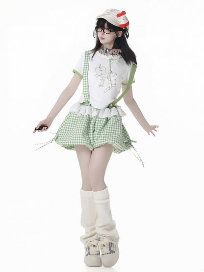Bubble Shorts Green Plaid Overalls Detachable Straps Shoulder