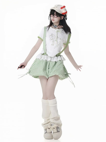 Ausschnitt Grüner Apfeldruck Gekräuselter Saum Selbstbindende weiße T-Shirt-Schleife