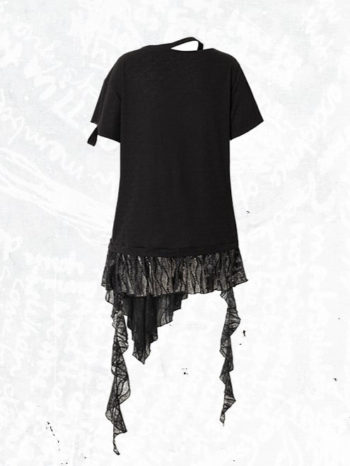 Rock Lace Detailing Graphic Distressed with Punk Handkerchief Hem Black T-shirt Cross