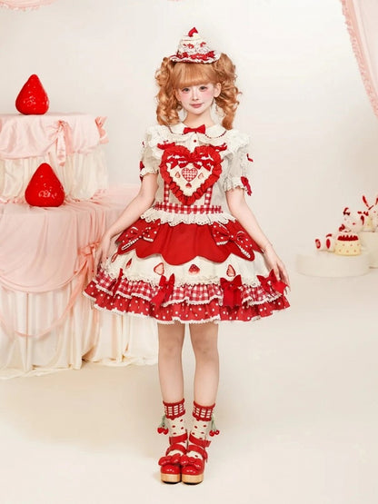 Lolita and Strawberry Red Overall Sweetheart Applique Dress Sweet Print Bows with