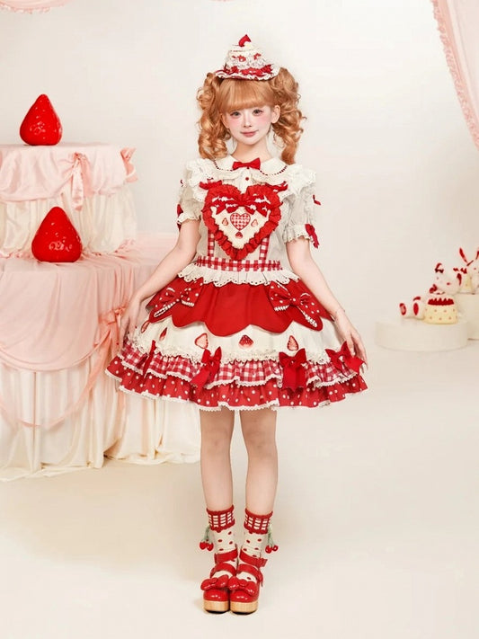Lolita and Strawberry Red Overall Sweetheart Applique Dress Sweet Print Bows with
