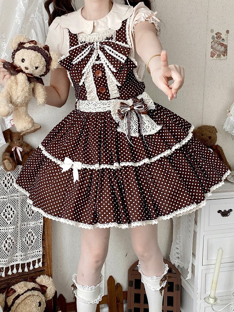 Muster Altes gepunktetes Schokoladen-Overall-Schulkleid Braun Lolita