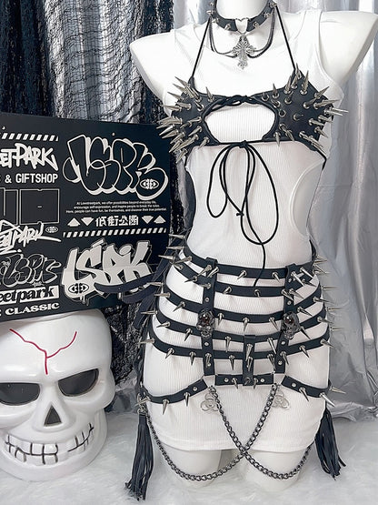 チャームタッセルウエスト＆ベルトスタッドブラックスケルトンY2K装飾