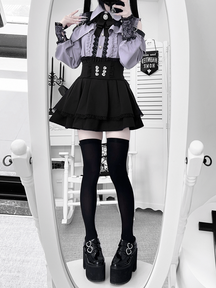 | Shoulder Kei Cutout Blouse with Dusty Purple Heart Decorative Look Buckle Jirai