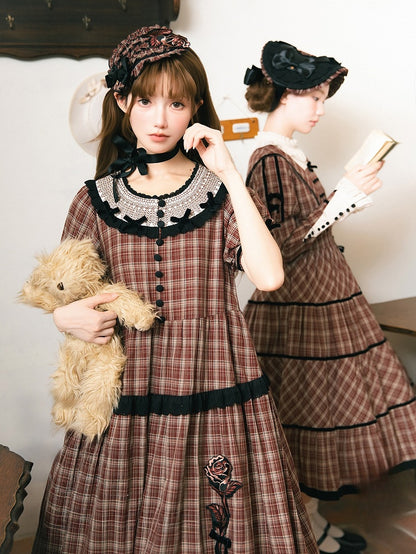 Black Plaid Dress Rose Trim Red Classic Elegant Lolita with Embroidery Short and Sleeves