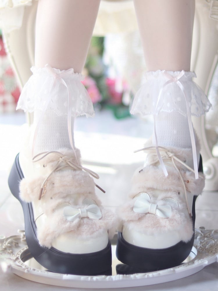 Bow Bear White at Leather Themed PU - Lolita Top Sweet with Platforms