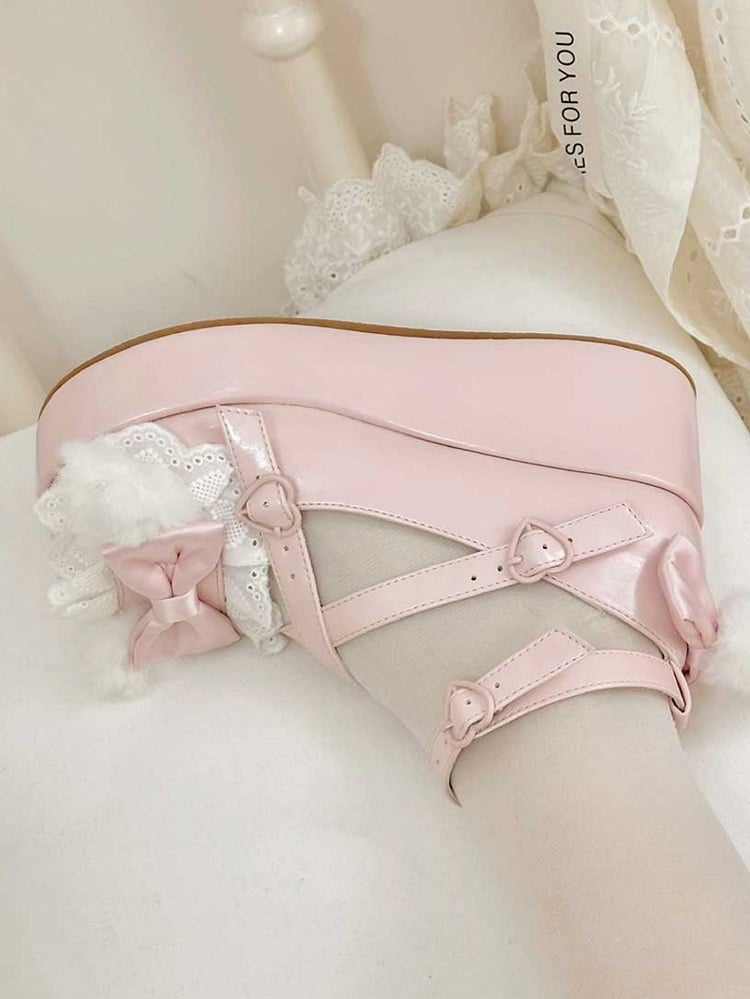 With Platforms Ear Bow Bunny Crisscross Decorated Pompon PinkWhite Design Plush Top at