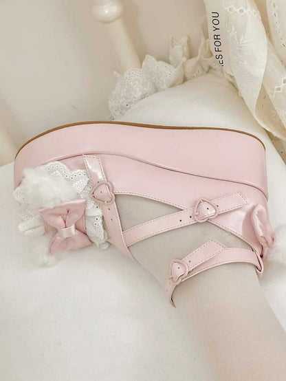 With Platforms Ear Bow Bunny Crisscross Decorated Pompon PinkWhite Design Plush Top at