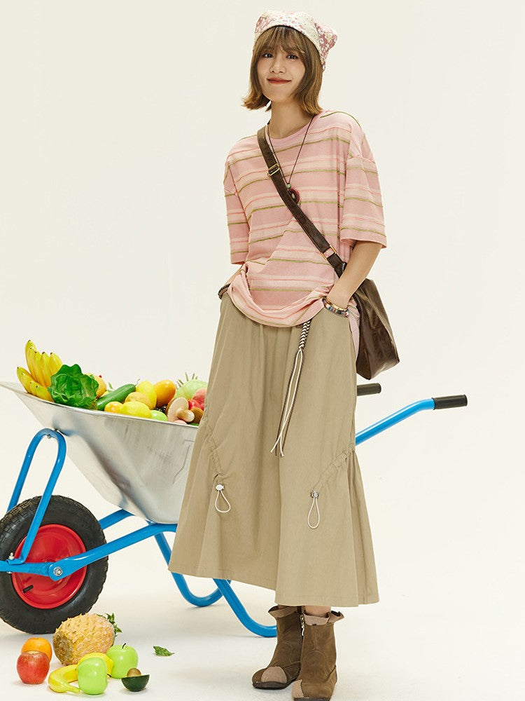 Vintage with Silhouette Design Drawstring Khaki Shirt A-Line