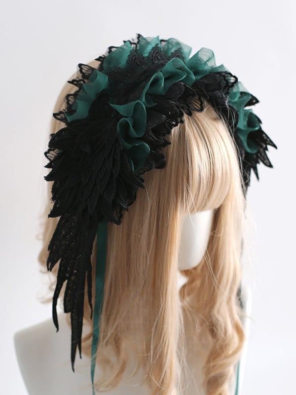 Lolita Hairband Gothic Colors Feather-Shaped Lace 8 Black