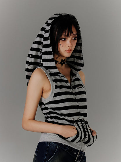 Vintage Bunny Ear Design Black  Grey Stripes Hood Y2K Tank Top