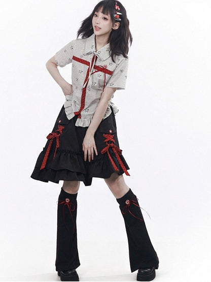 Asymmetric Ruffle Black Skirt with Polka Dot Lace Up - PINK SAVIOR