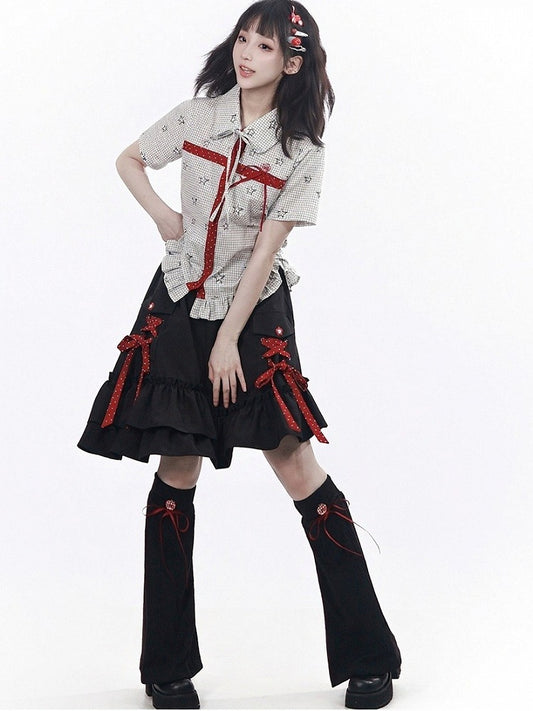 Asymmetric Ruffle Black Skirt with Polka Dot Lace Up - PINK SAVIOR