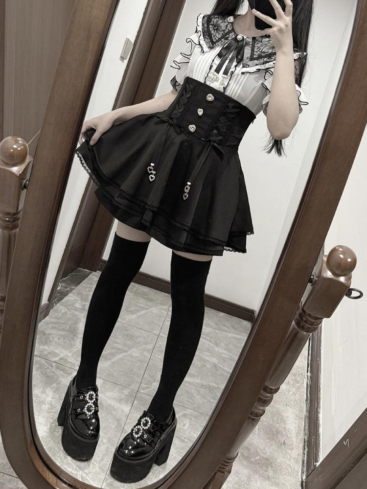 Jirai Kei Double Bow Collar White Blouse with Black Details Lace Shoulder Cutout