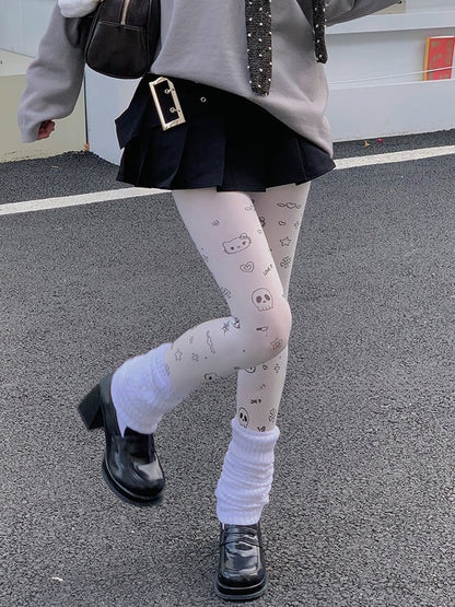 ホワイトのスイートキティハートスタープリントカートゥーンタイツ