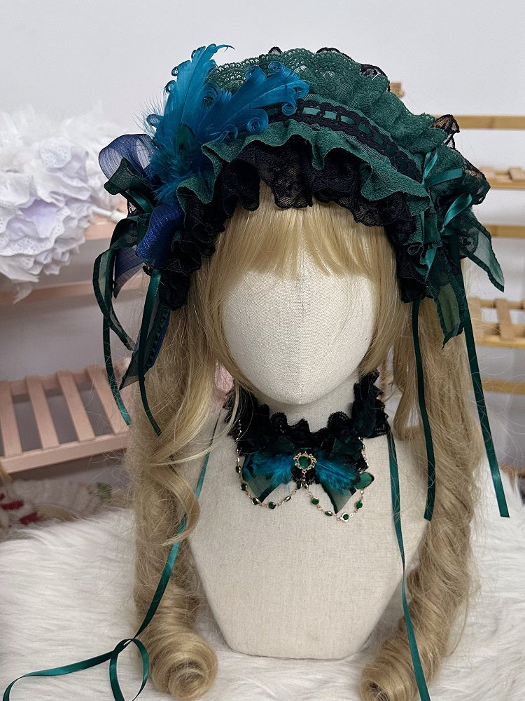 Feather Lace Peacock Ruffled Bow Green Hairband