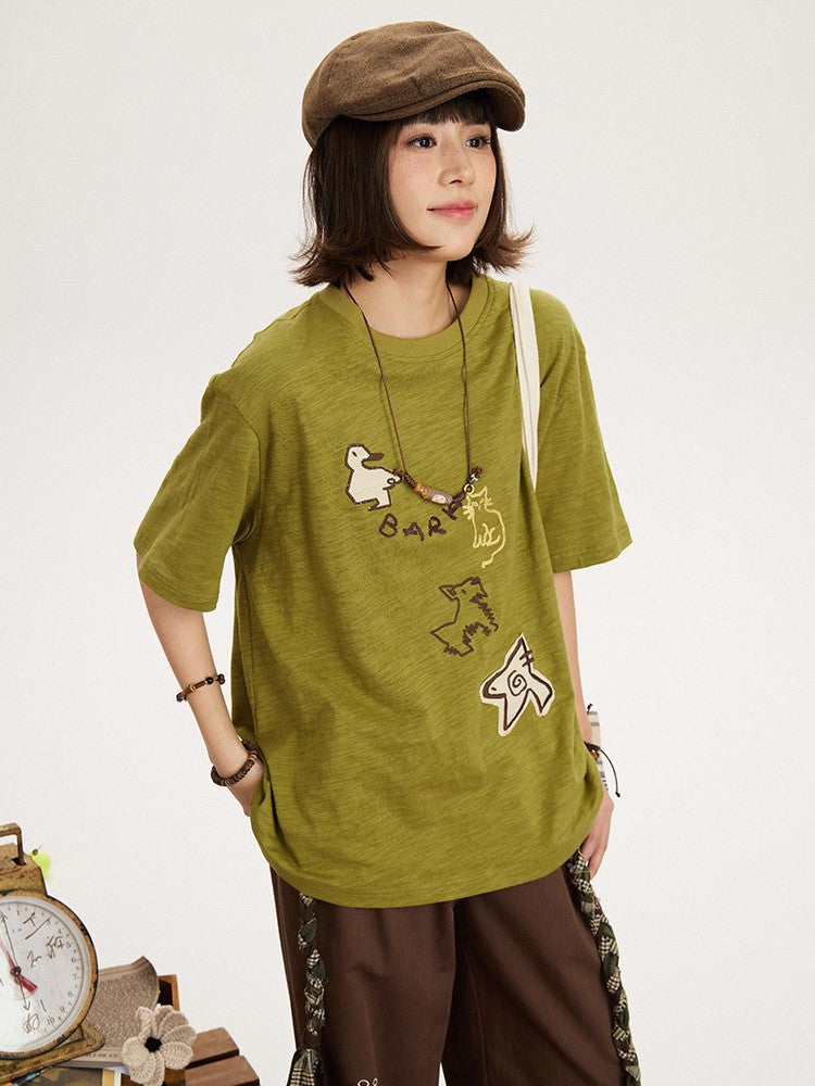 Decoration Patch T-shirt Animal Green Kawaii with Embroidery