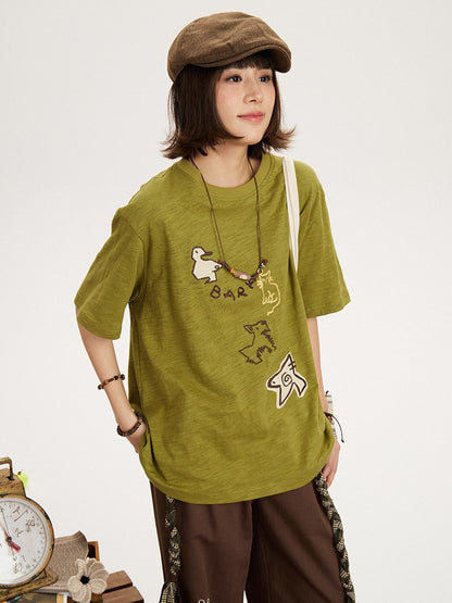 Decoration Patch T-shirt Animal Green Kawaii with Embroidery