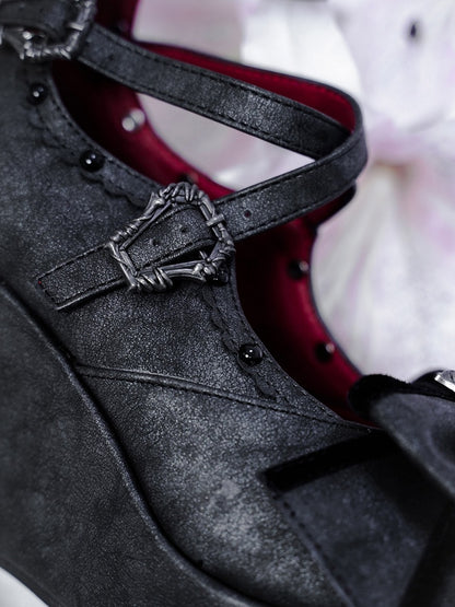 Matte Black Gothic Lolita 10cm Slope Heel Shoes with Butterfly Bow Accent - sphenoid