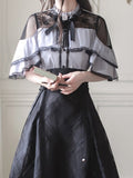 with Contrast Trim Jirai Kei Black Illusion Neckline and Purple Lace Cape Design Top