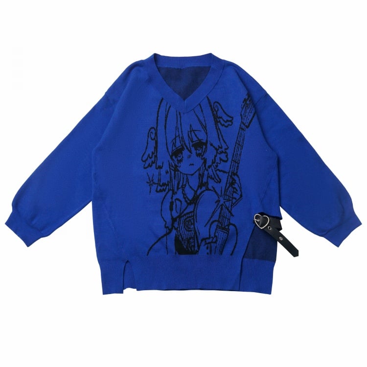 Blauer Pullover mit V-Ausschnitt und Herz-PU-Schnalle im Punkrock-Mädchen-Muster