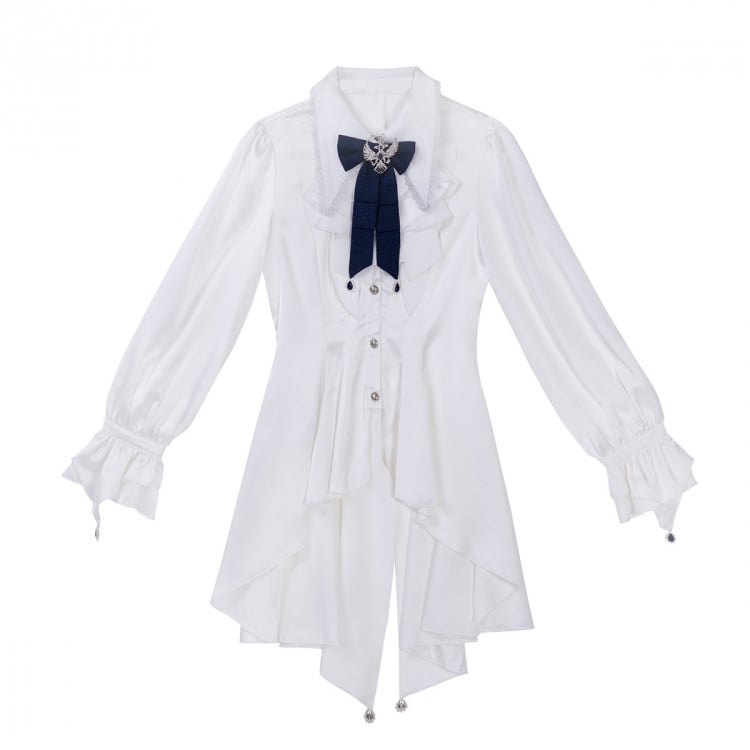Weißes, spitzes, flaches Ouji Fashion Longshirt mit langen Ärmeln