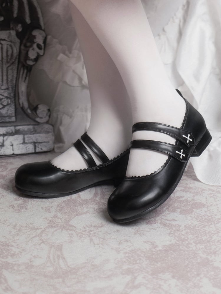 Flats Strap Embroidery Velcro Round Black Toe Cross Gothic Closures
