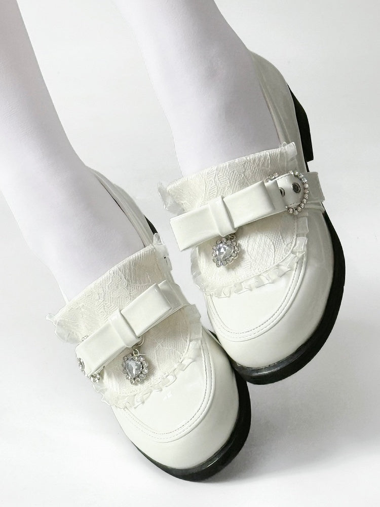 Details Polished Accent White Rhinestone Bow Low-heel PU Heart
