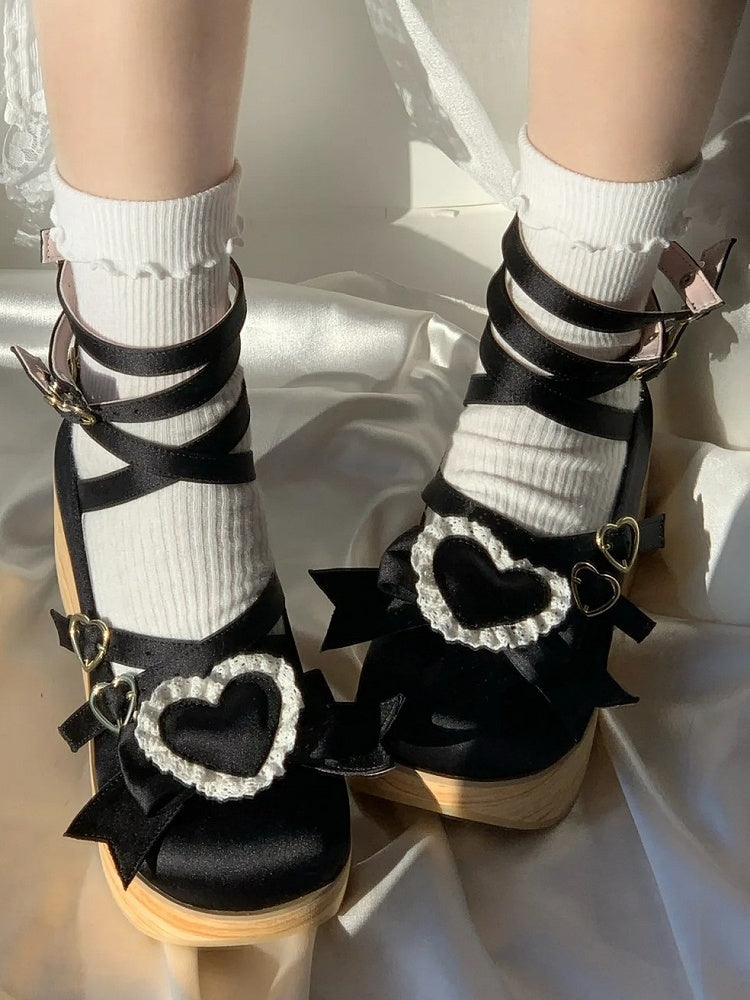 Bow in Heart Sole Toe 6.5cm Top - Removable Platforms Round Accent Black with at Satin