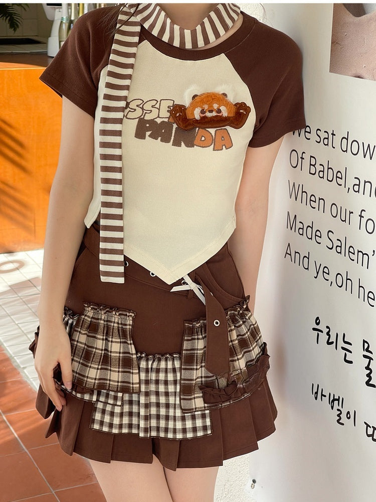 Plaid Patchwork Fashion Y2K Brown Pleated Skirt Millard