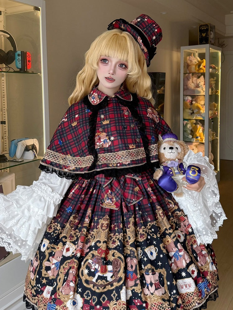 Plaid Trim Lace Lolita with Red Cape Black