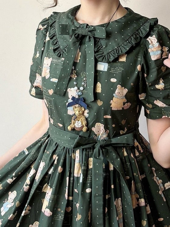 Lolita Green Version Sweet Short Dress Dark Bear Sleeves Print