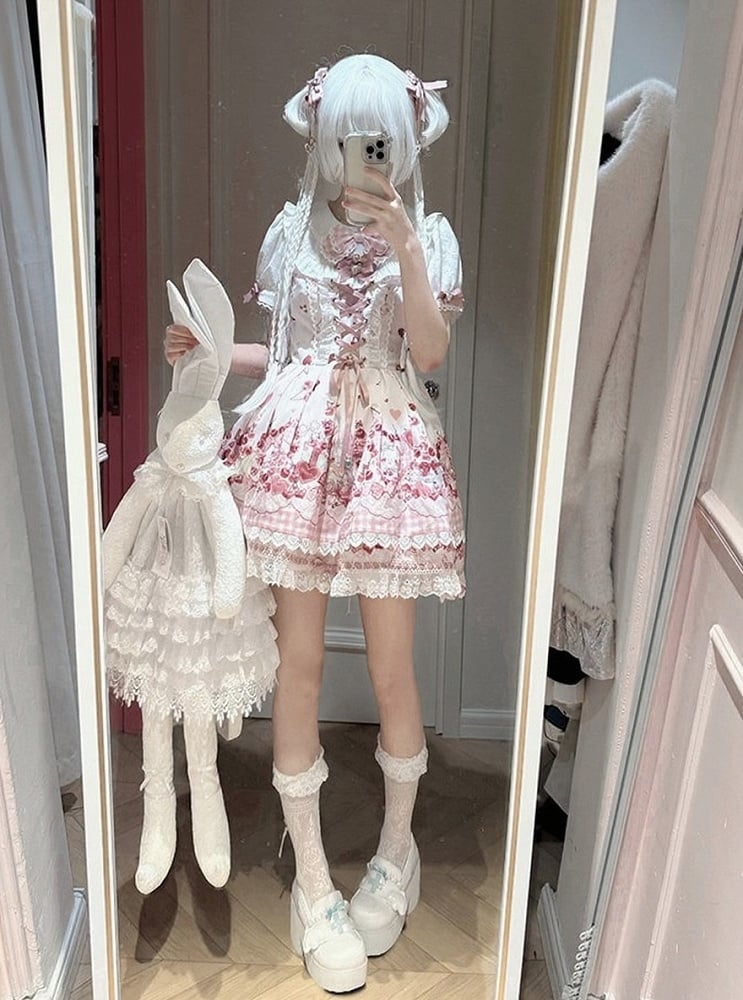 Pink Bunny and Cherry Print Short-Sleeve OP Dress with Matching Skirt - Doki Cherry