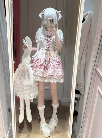 Pink Bunny and Cherry Print Short-Sleeve OP Dress with Matching Skirt - Doki Cherry