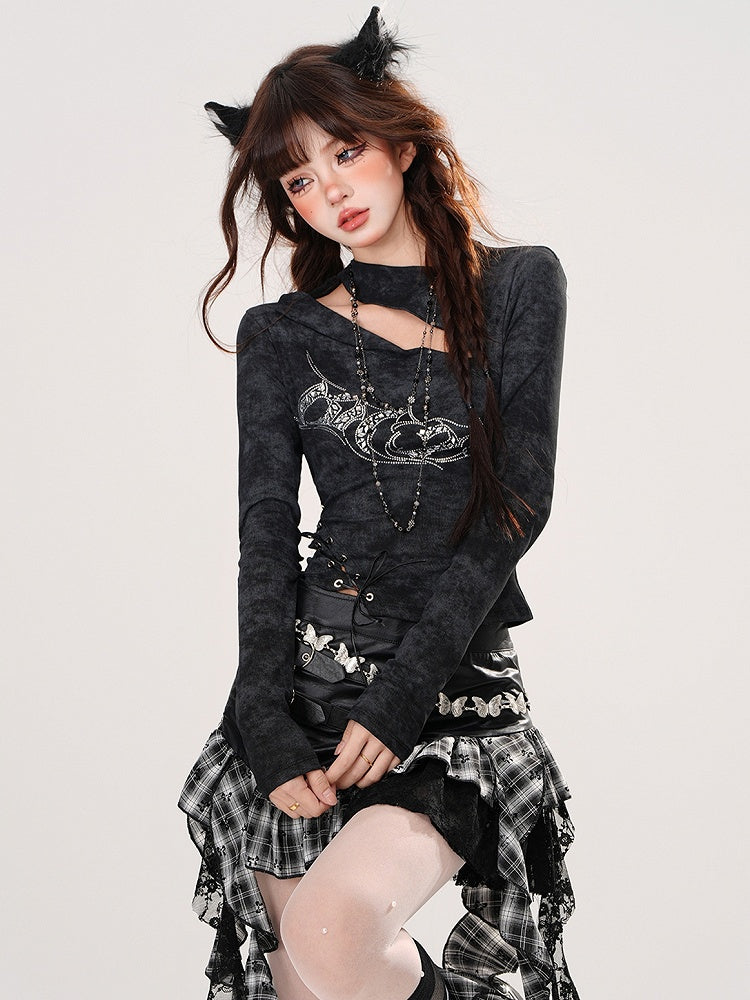 Schwarz/Khakifarbenes, mit Strasssteinen verziertes Cutout-Top mit Schnürdetail