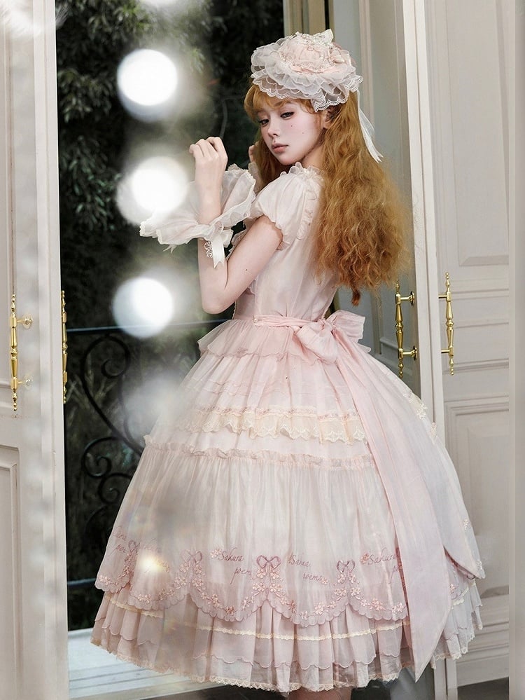 Stickerei kurzes rosa Kleid Mini Blossom zarte Ärmel Kirsche Lolita Prinzessin