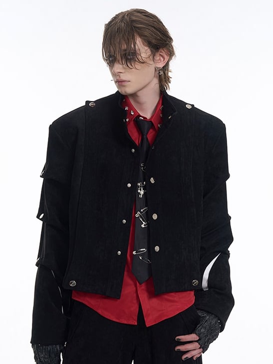 Deconstructed Suede Black Cropped Men’s Sleeve Pleating with Jacket