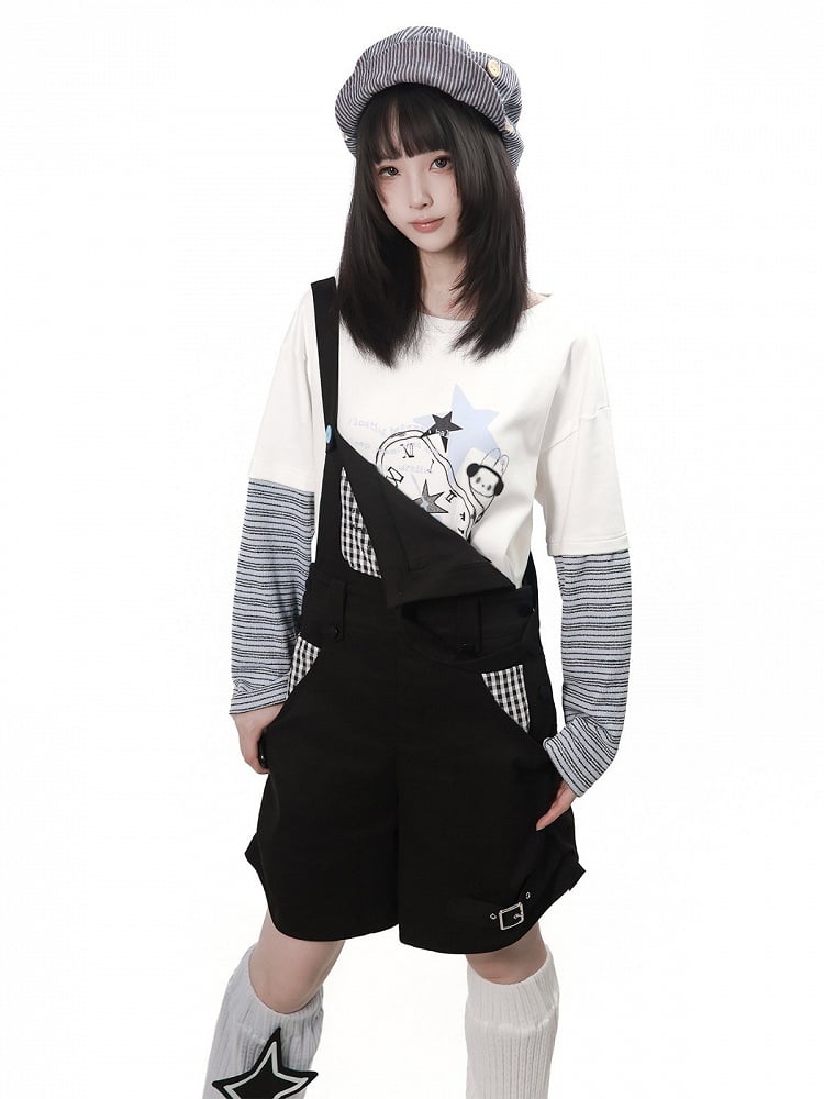 Daily Kawaii White Faux Two Piece Long Sleeve Tee with Graffiti Print & Striped Details - PINK SAVIOR