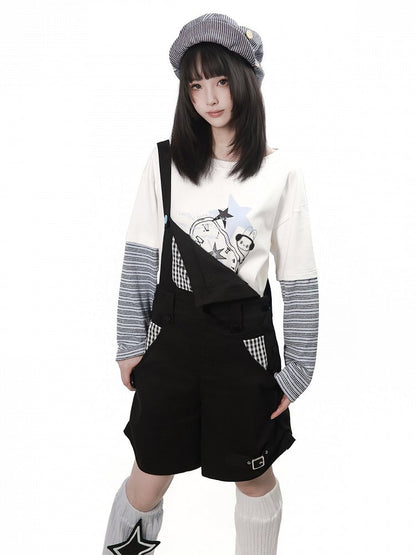 Daily Kawaii White Faux Two Piece Long Sleeve Tee with Graffiti Print & Striped Details - PINK SAVIOR