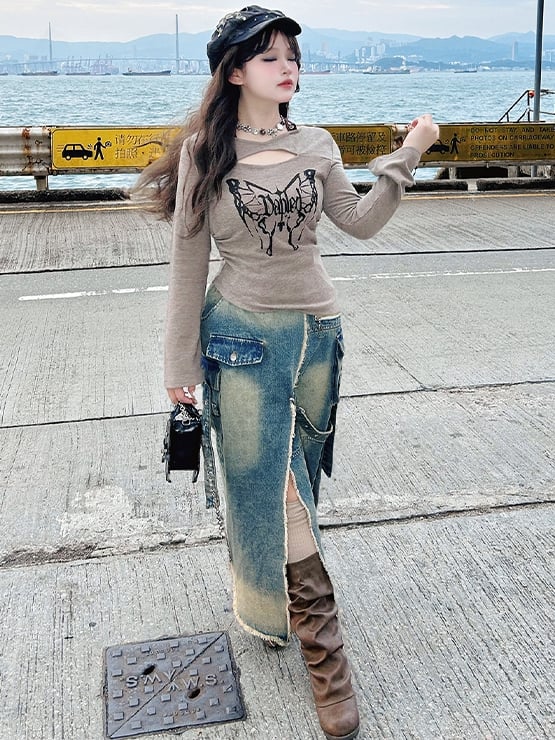 Plus Size Blauer Jeansrock mit hohem Schlitz und ausgefranstem Saum im Wasteland-Punk-Stil mit Cargotaschen