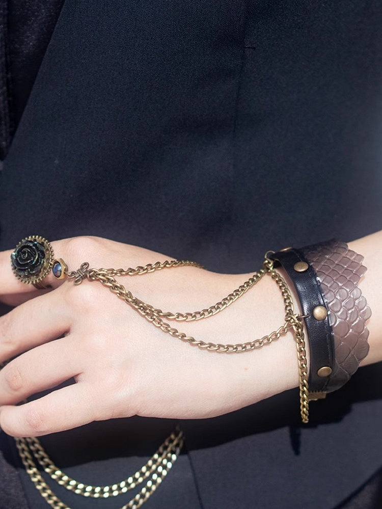 Schlange Strampunk PU und Ketten Ring Bronze Rose Armband Skala mit Design