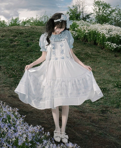 Sleeveless Tie Strap Shell Embroidered Dress in White and Blue - Yimu Walnut