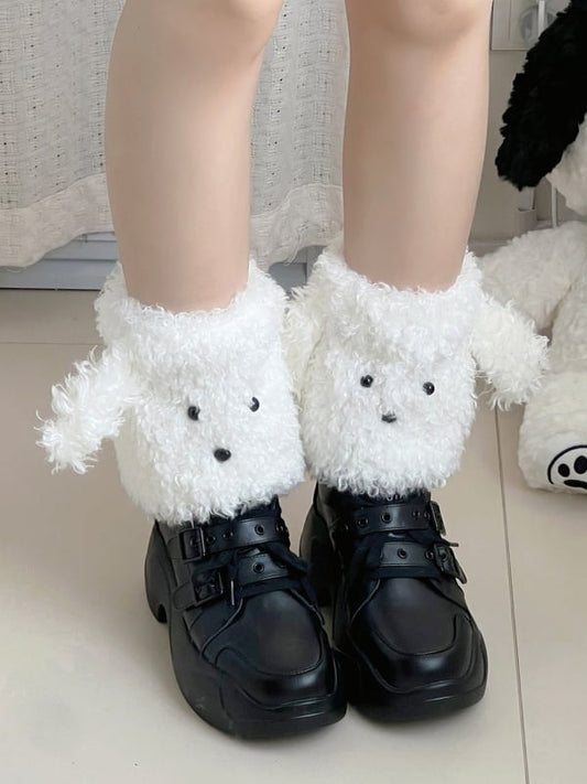 キュートなホワイト/カーキ/グレー/ブラウンのY2K子犬型レッグウォーマー